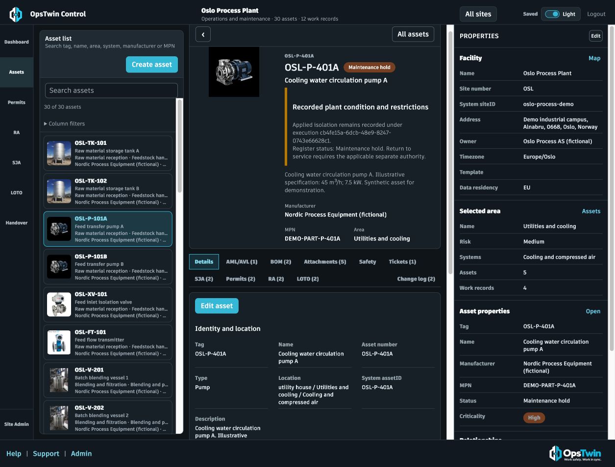 Oslo Process Plant cooling water pump asset record in dark mode