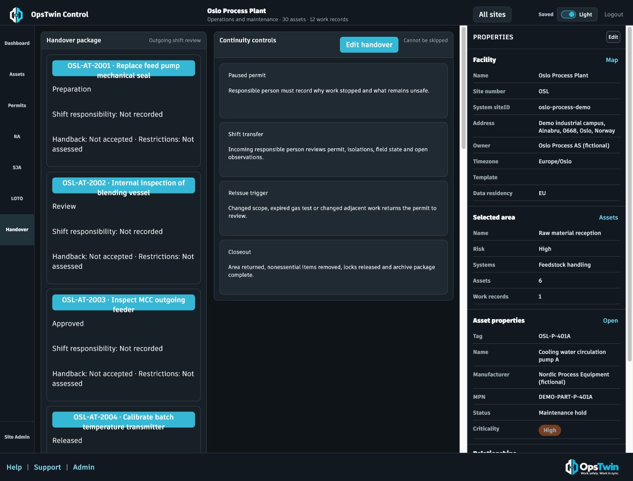 Oslo Process Plant shift handover package and continuity controls in dark mode