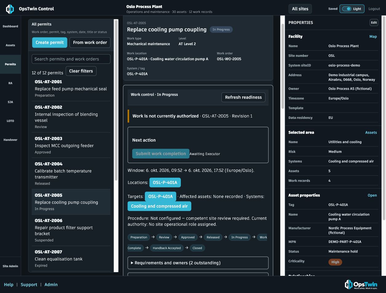 Oslo Process Plant cooling pump permit and work-control workspace in dark mode
